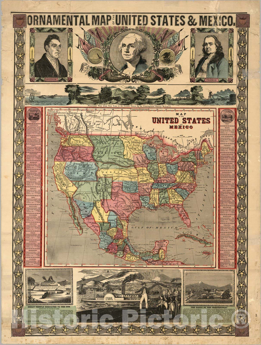 Historic Map : Ornamental Map of The United States & Mexico, 1855 - Vintage Wall Art