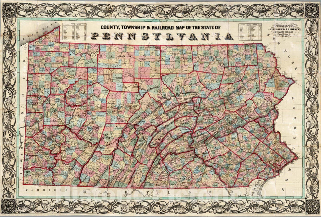 Historic Map : County, Township & Railroad Map of The State of Pennsylvania, 1857 - Vintage Wall Art