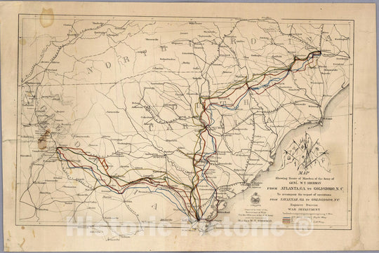 Historic Map : Route of Marches of the Army of Genl. W.T. Sherman From Atlanta, Ga. to Goldsboro, N.C. 1865 - Vintage Wall Art