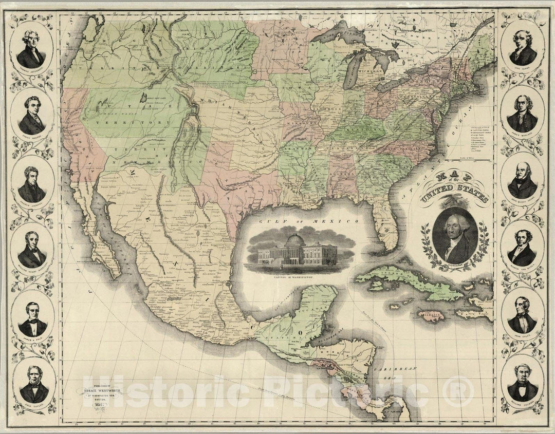 Historic Wall Map : Map of the United States, 1852 - Vintage Wall Art