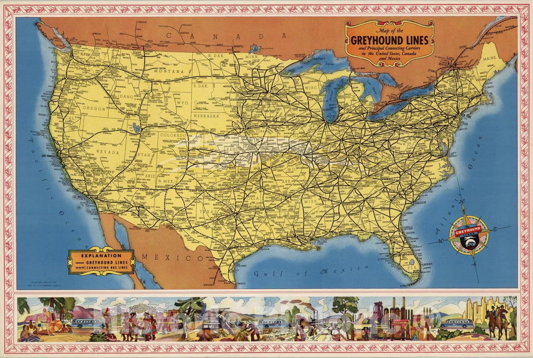 Historic Map : Map of the Greyhound Lines in the United States, Canada and Mexico, 1935 - Vintage Wall Art