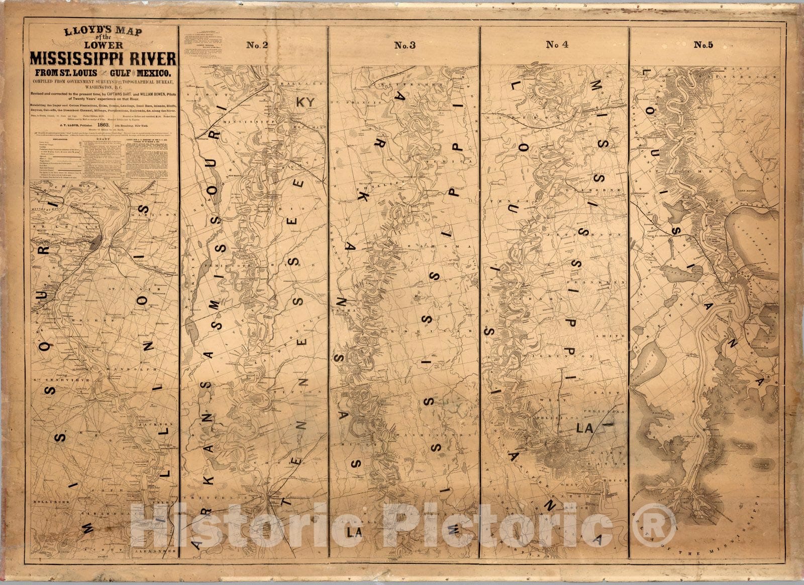 Historic Map : Map of the Lower Mississippi River From St. Louis To The Gulf of Mexico, 1863 - Vintage Wall Art