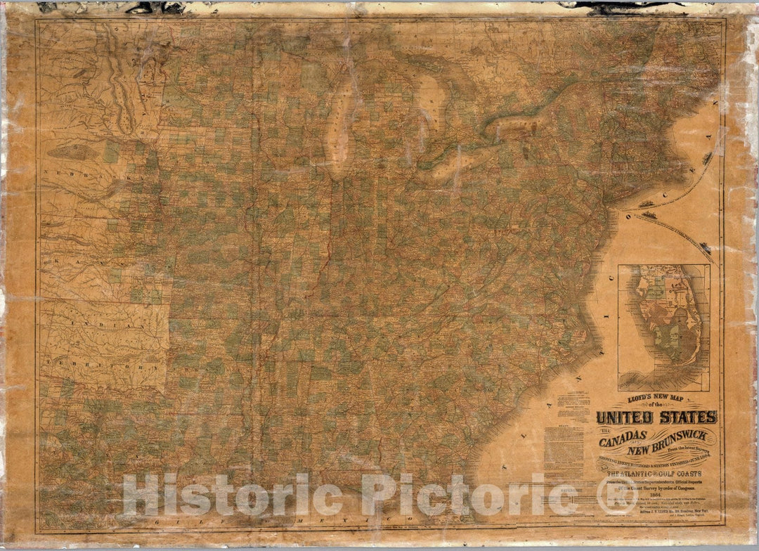 Historic Map : New Map of the United States The Canadas and New Brunswick, 1864 - Vintage Wall Art