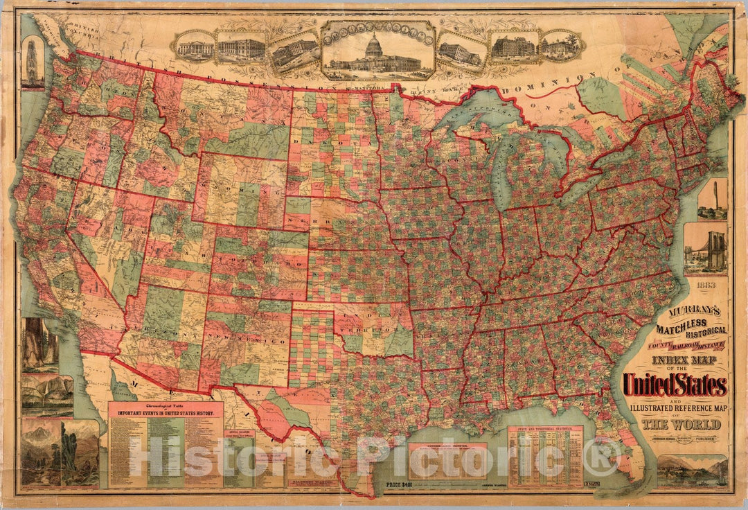 Historic Map - Historical County, Railroad, Distance And Index Map of The United States, 1883 - Vintage Wall Art