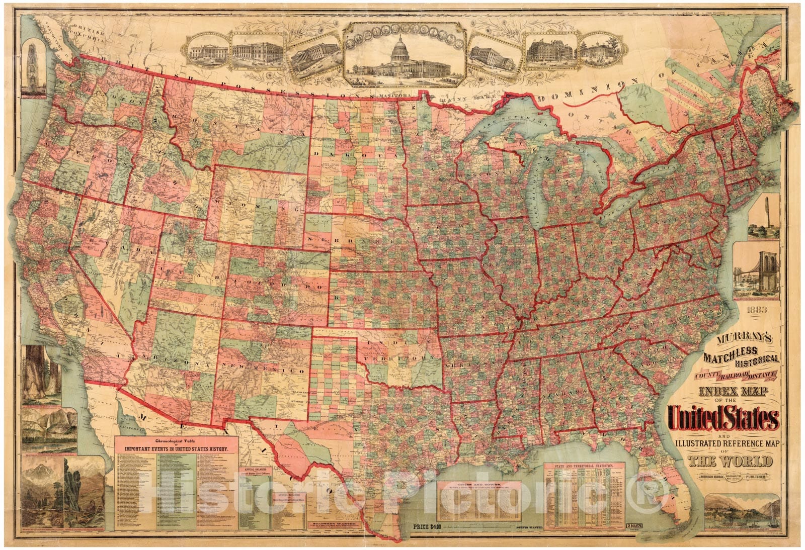 Historic Map - Historical County, Railroad, Distance And Index Map of The United States, 1883 - Vintage Wall Art