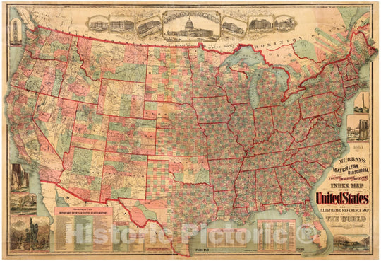 Historic Map - Historical County, Railroad, Distance And Index Map of The United States, 1883 - Vintage Wall Art