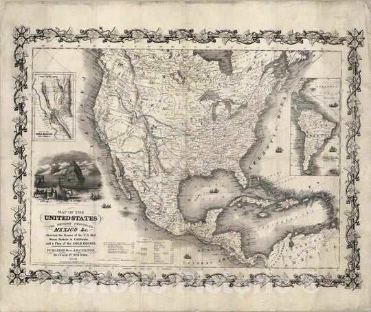 Historic Wall Map : Map of The United States The British Provinces Mexico, 1849 - Vintage Wall Art