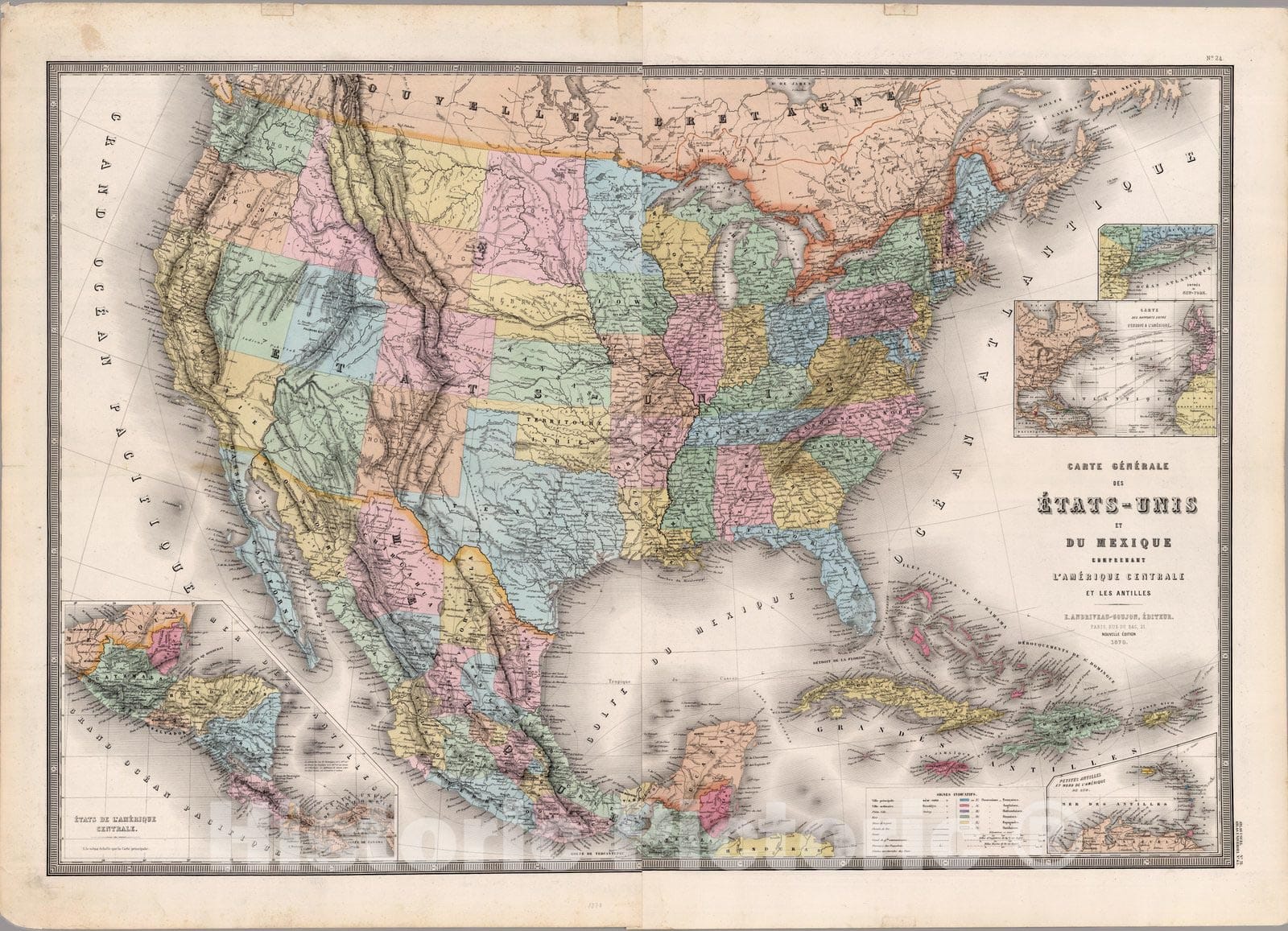 Historic Map : United States; Mexico, Carte Generale Des Etats - Unis Et Du Mexique 1870 , Vintage Wall Art