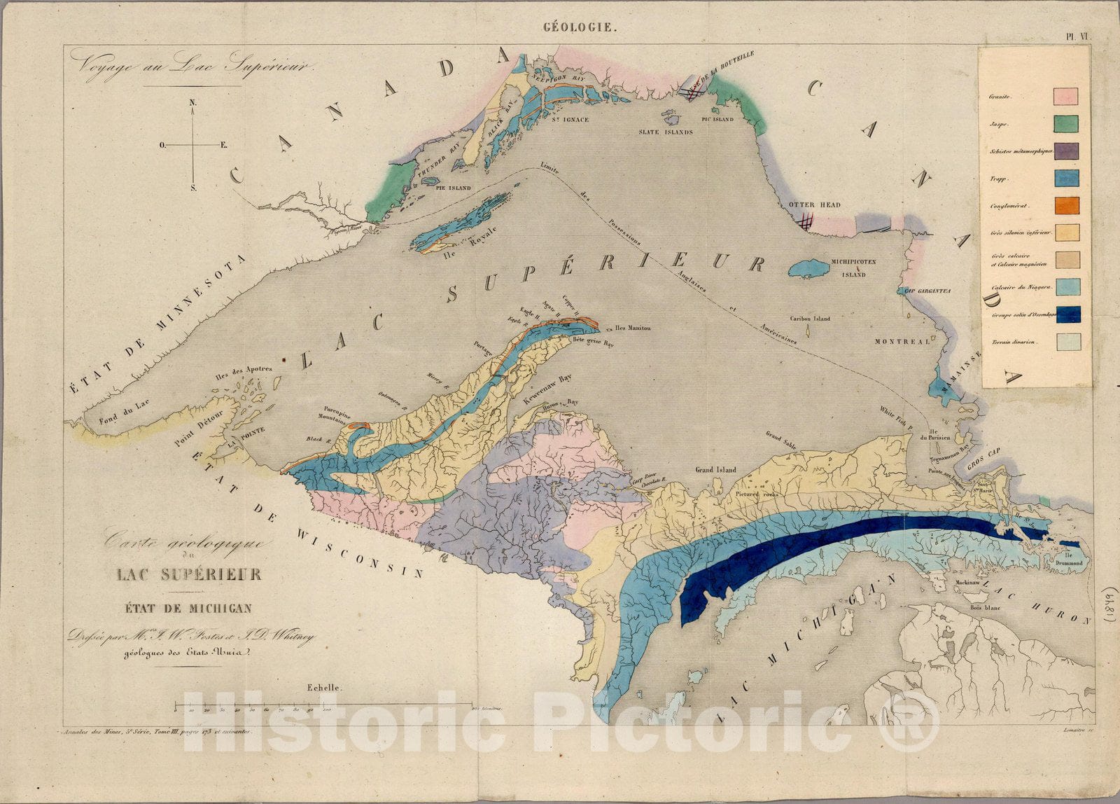 Historic Map : Michigan, Lake Superior Carte geologique du Lac Superieur 1849 , Vintage Wall Art