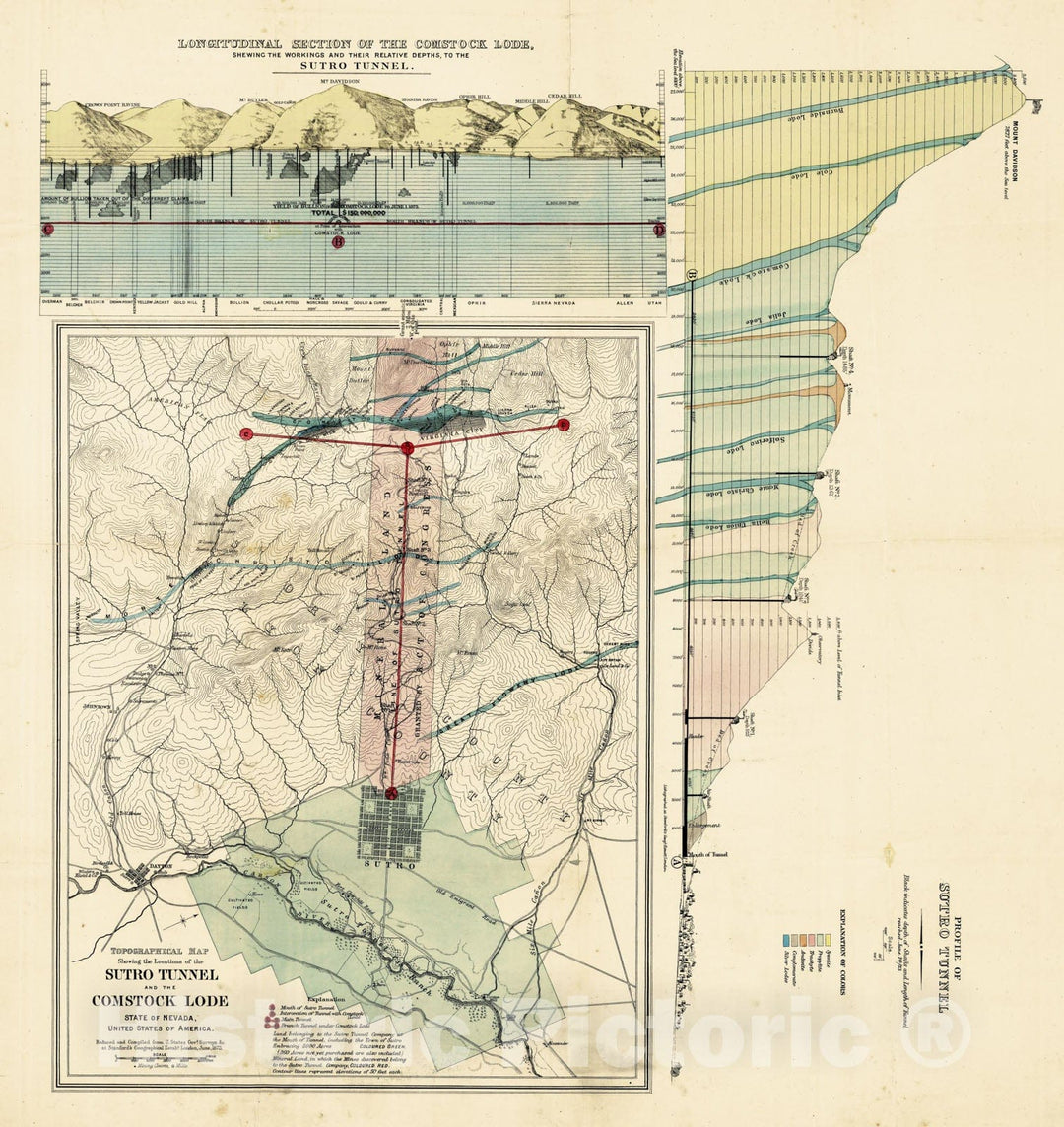 Historic Map - Sutro Tunnel And The Comstock Lode State of Nevada 1873, Historic Map - Vintage Wall Art