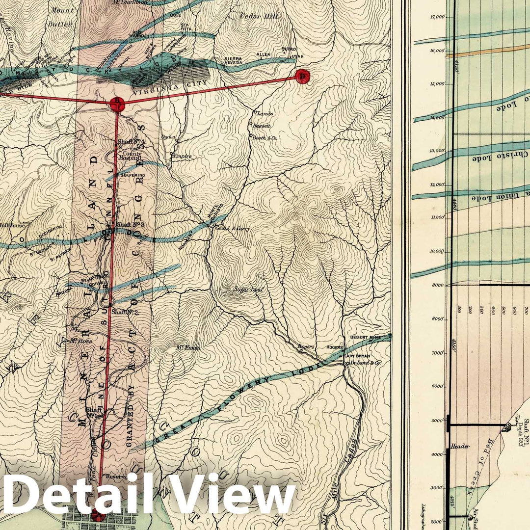 Historic Map - Sutro Tunnel And The Comstock Lode State of Nevada 1873, Historic Map - Vintage Wall Art