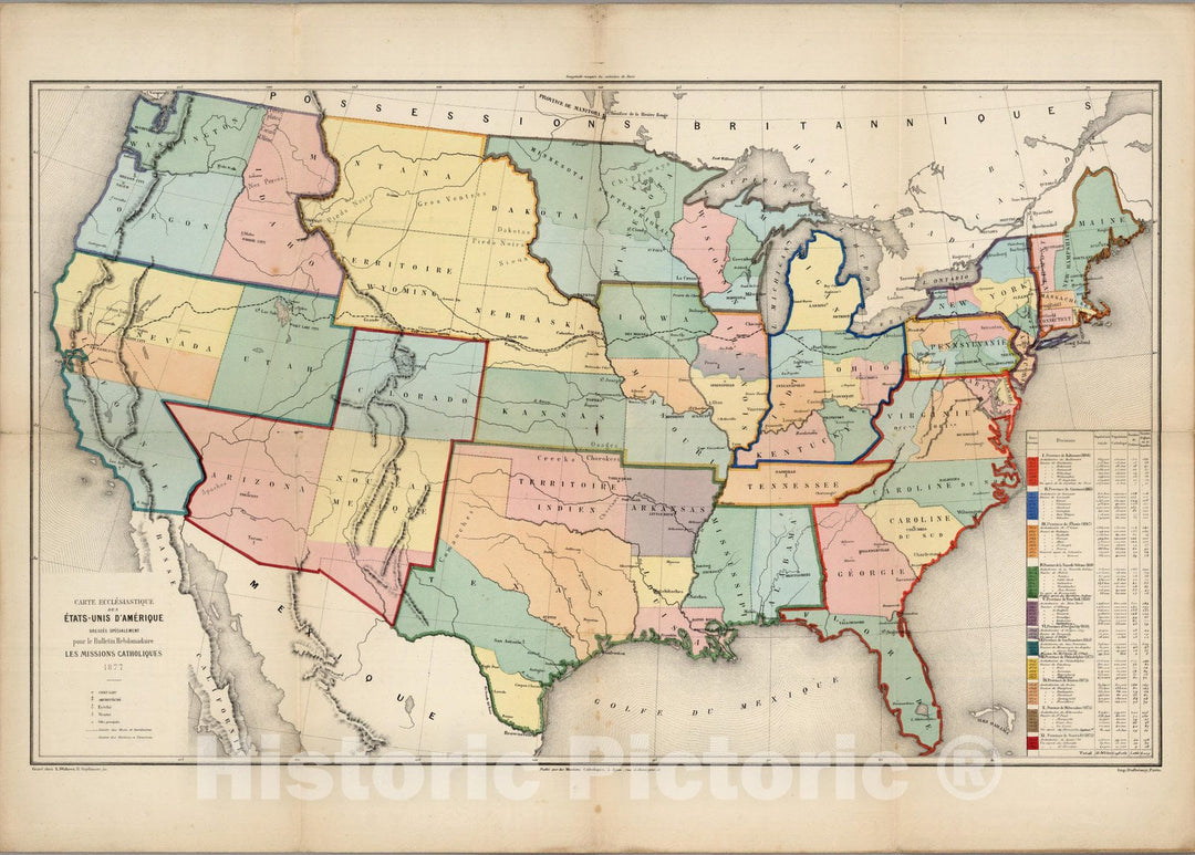 Historic Map : United States, Carte Ecclesiastique Des Etats - Unis D'Amerique 1877 , Vintage Wall Art