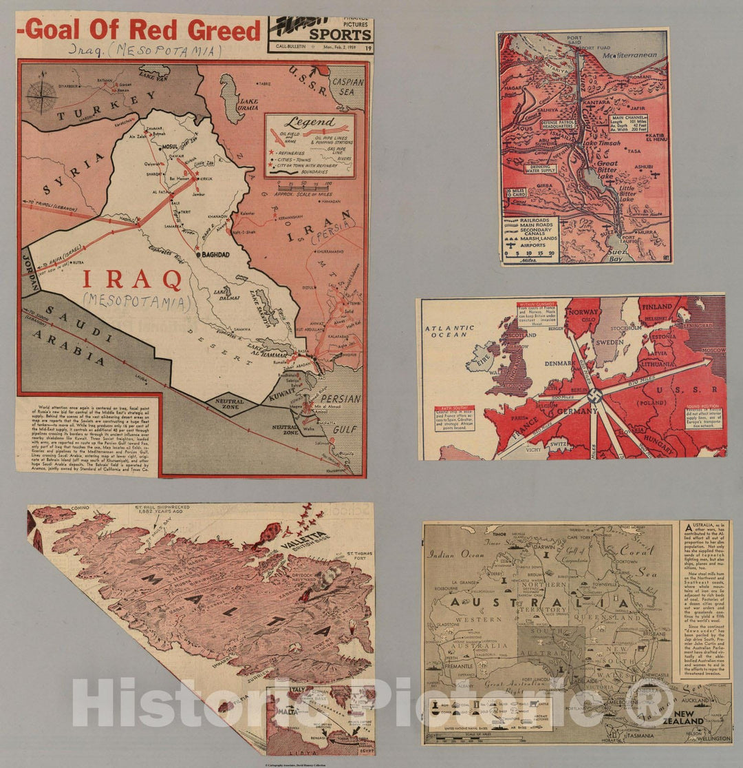 Historic Map : Iraq, Suez Canal, Europe, Australia, Malta, Turkey, Western Mediterranean 1959 - Vintage Wall Art