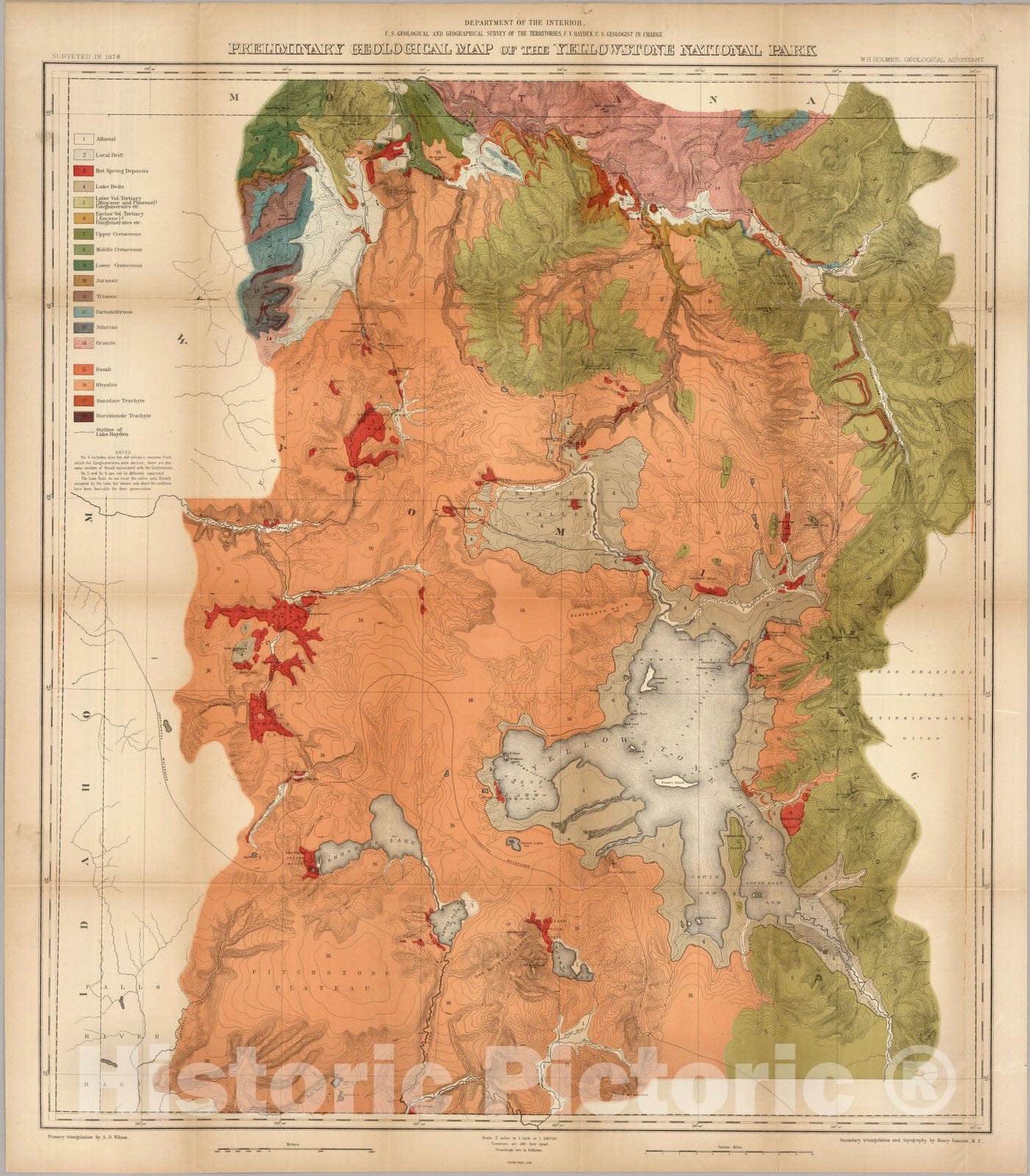 Historic Map : Preliminary geological map of the Yellowstone National Park, 1878 - Vintage Wall Art