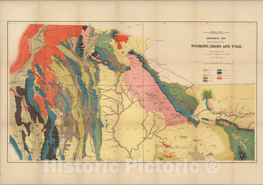 Historic Map : Geological Map of Portions of Wyoming, Idaho and Utah, 1878 - Vintage Wall Art