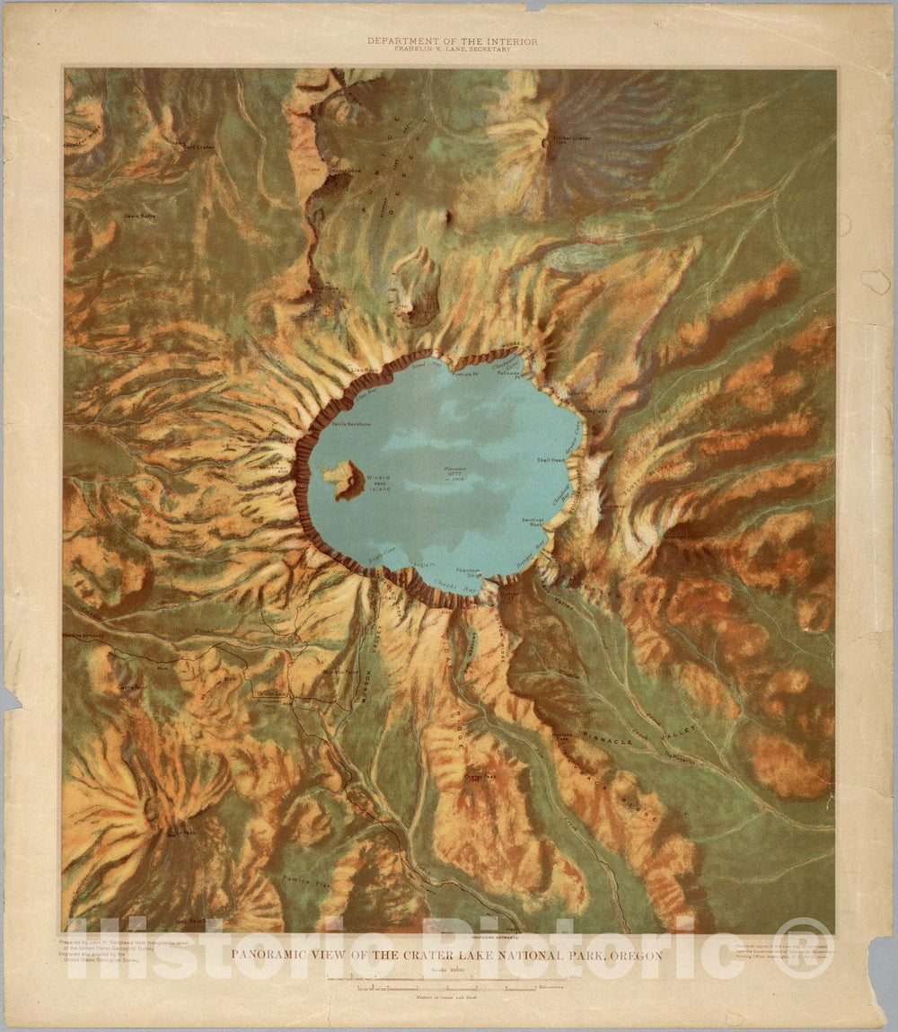 Historic Map - Panoramic View of the Crater Lake National Park. 1915, Historic Map - Vintage Wall Art