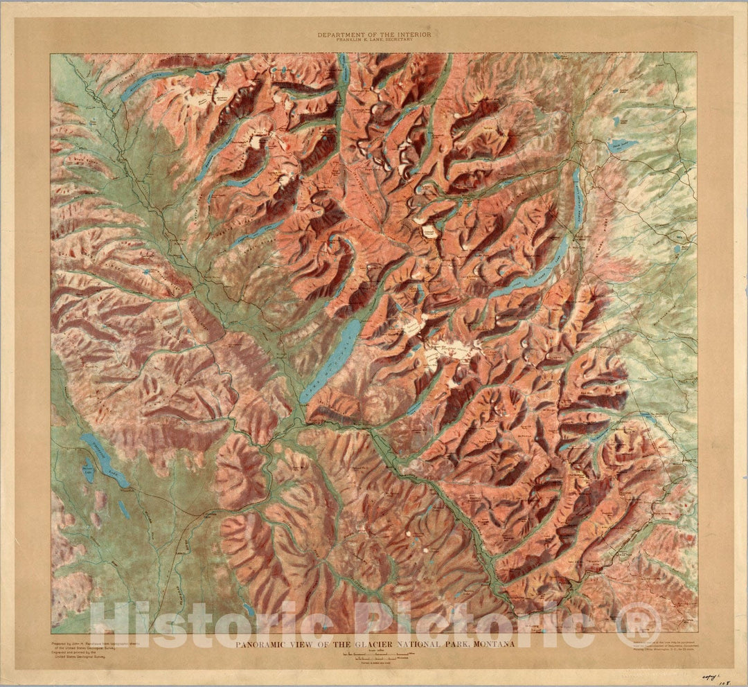 Historic Map : Panoramic View of The Glacier National Park, Montana., c1914, , Vintage Wall Art