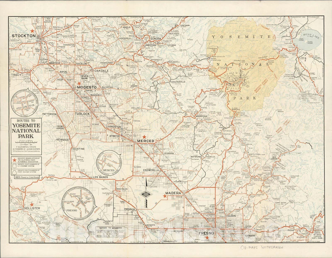 Historic Map : Routes to Yosemite National Park. 1948 - Vintage Wall Art