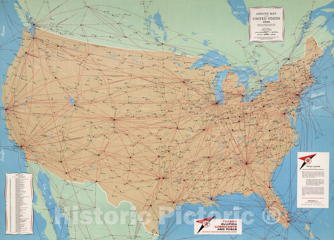 Historic Map : Airline Map of the United States, 1960, 1960 - Vintage Wall Art