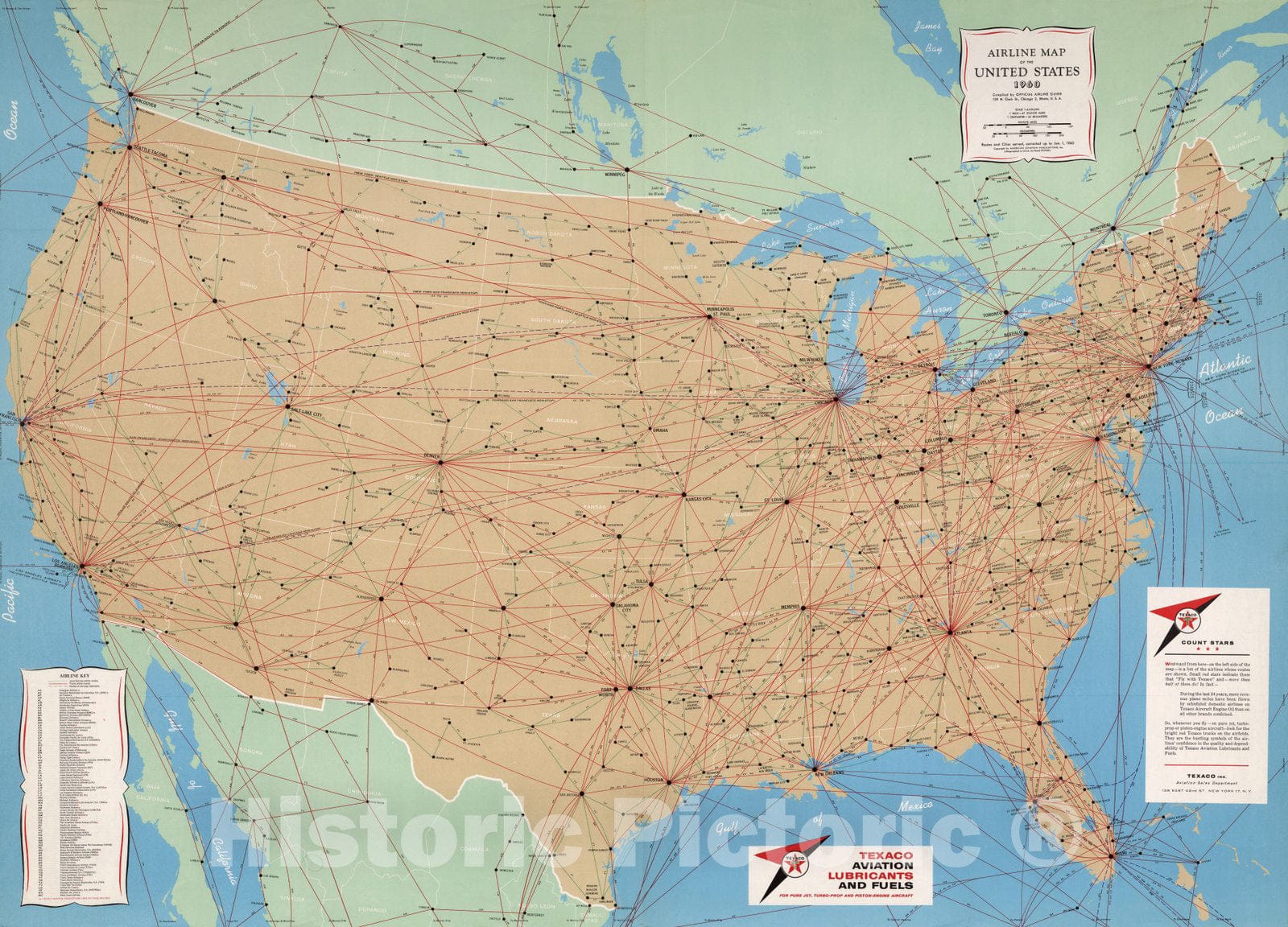 Historic Map : Airline Map of the United States, 1960, 1960 - Vintage Wall Art