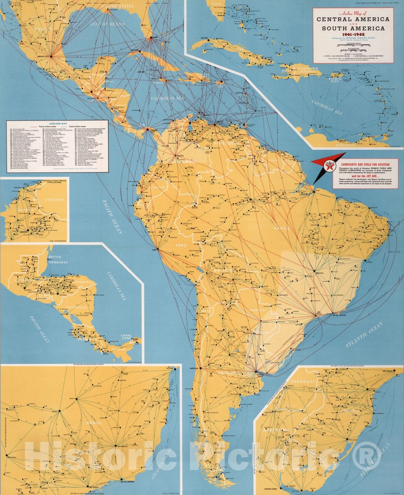 Historic Map : Airline Map of Central America and South America 1961-1962, 1962 - Vintage Wall Art