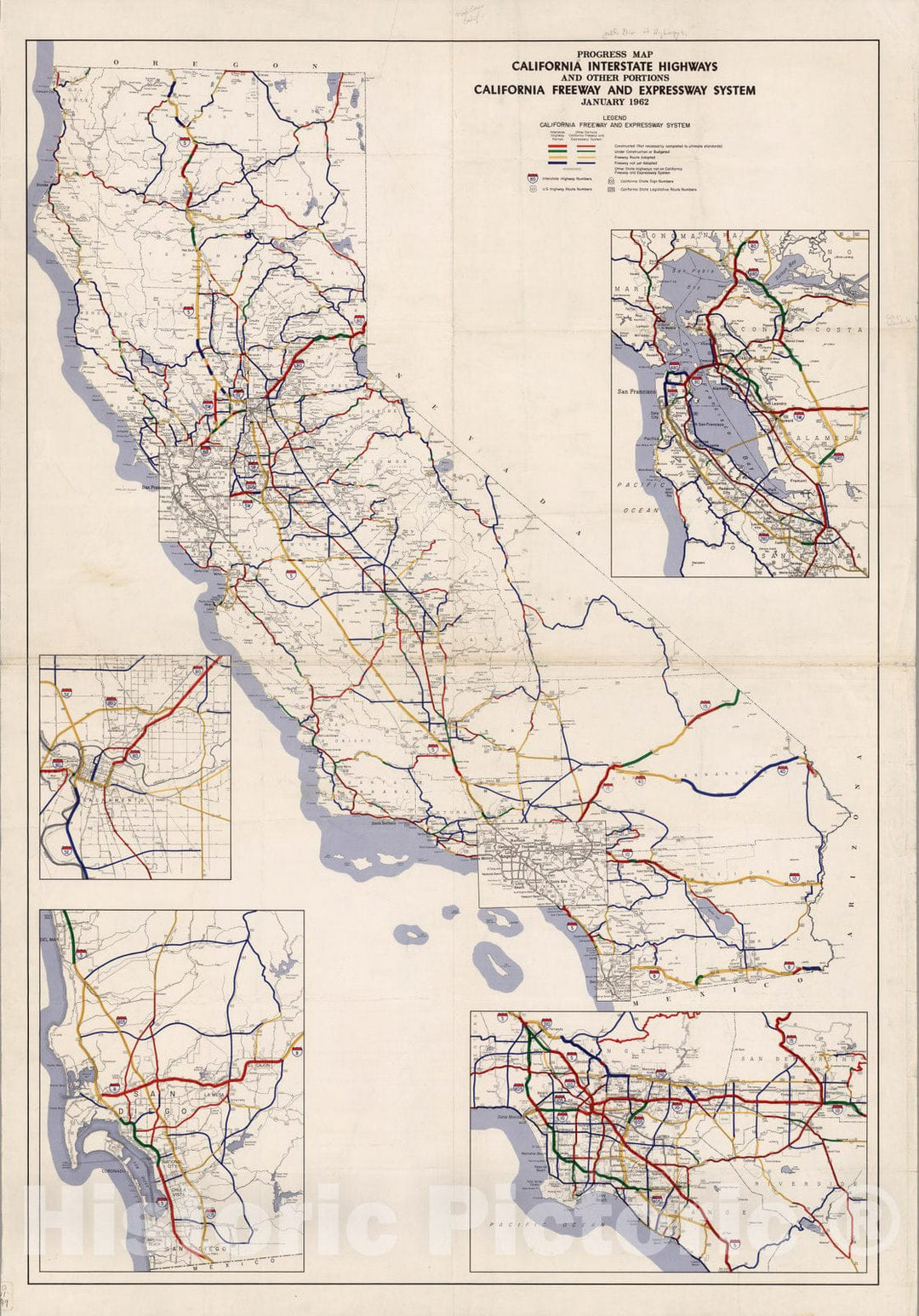 Historic Map : Progress Map, California Interstate Highways and Other Portions, May, 1962 - Vintage Wall Art