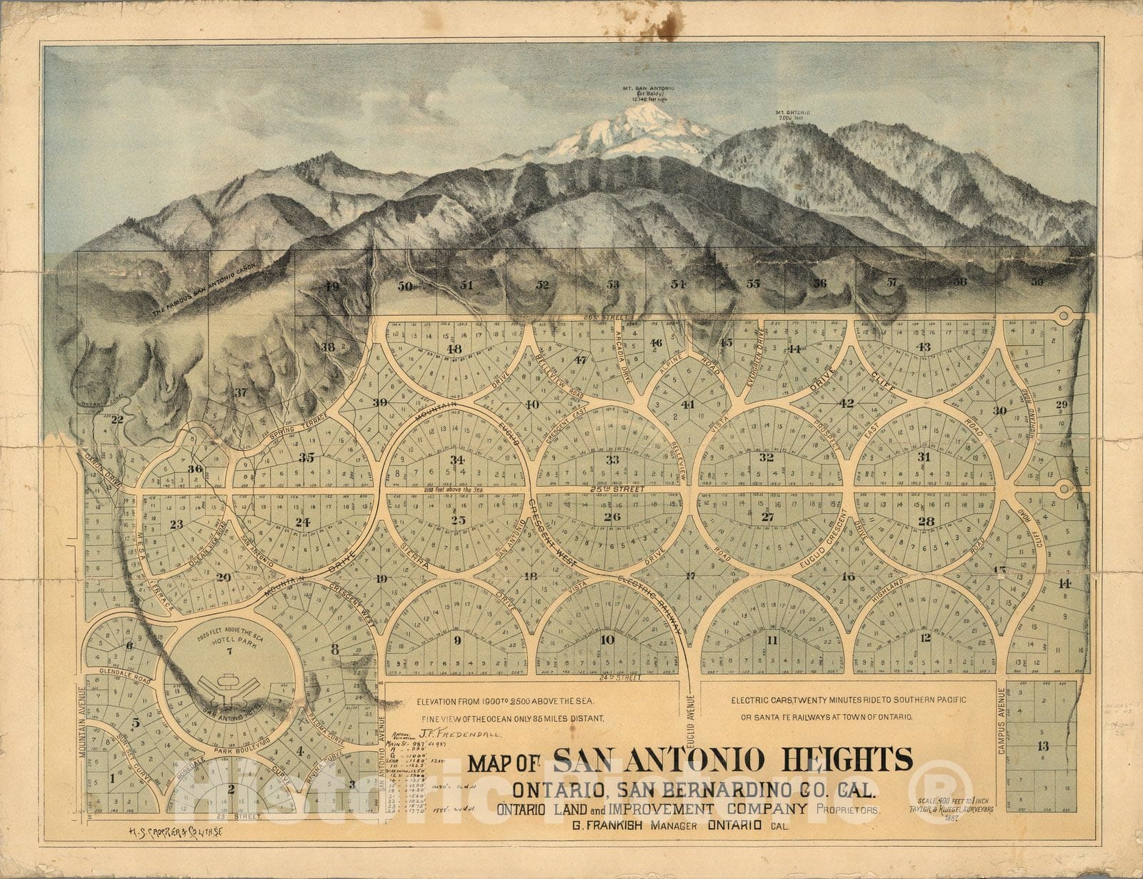 Historic Map : Real Estate Map, San Antonio Heights, Ontario, San Bernadino County, Califronia. 1887 - Vintage Wall Art