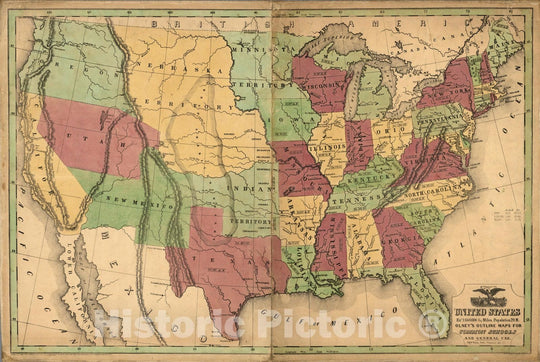 Historic Map - United States ; Olney's Outline Maps, for Common Schools and General Use, 1847 - Vintage Wall Art