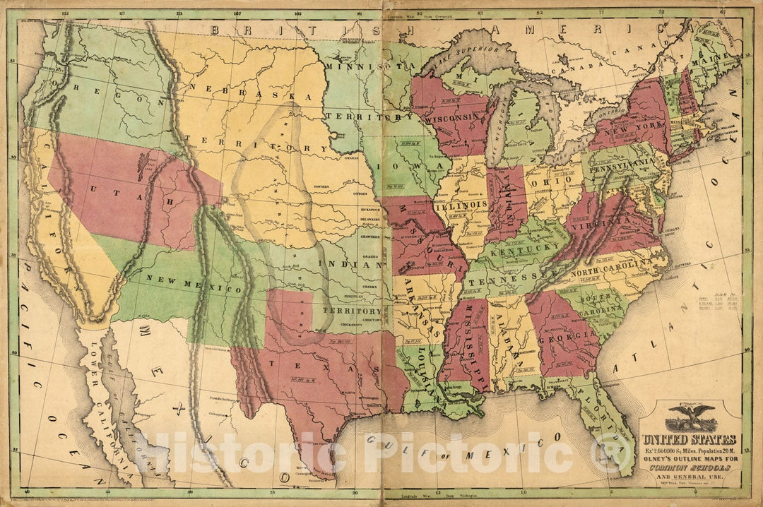 Historic Map - United States ; Olney's Outline Maps, for Common Schools and General Use, 1847 - Vintage Wall Art