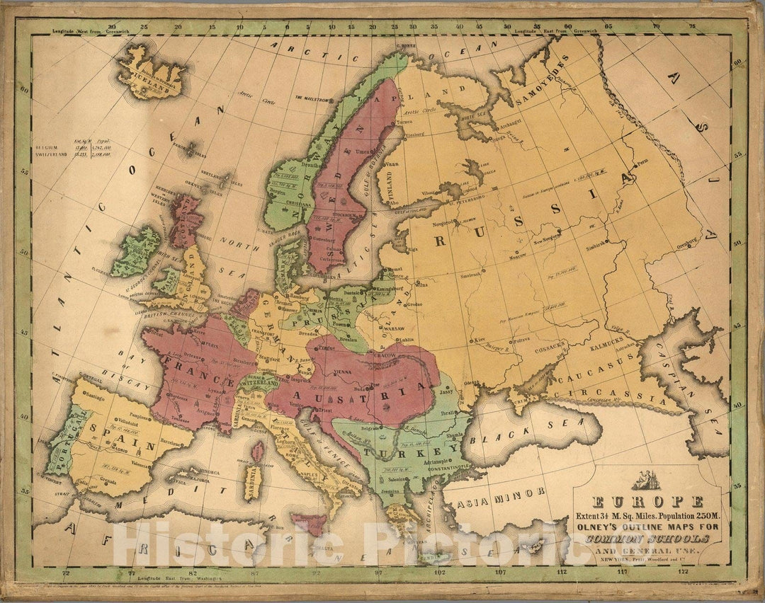 Historic Map : Europe ; Olney's Outline Maps, for Common Schools and General Use, 1847 - Vintage Wall Art