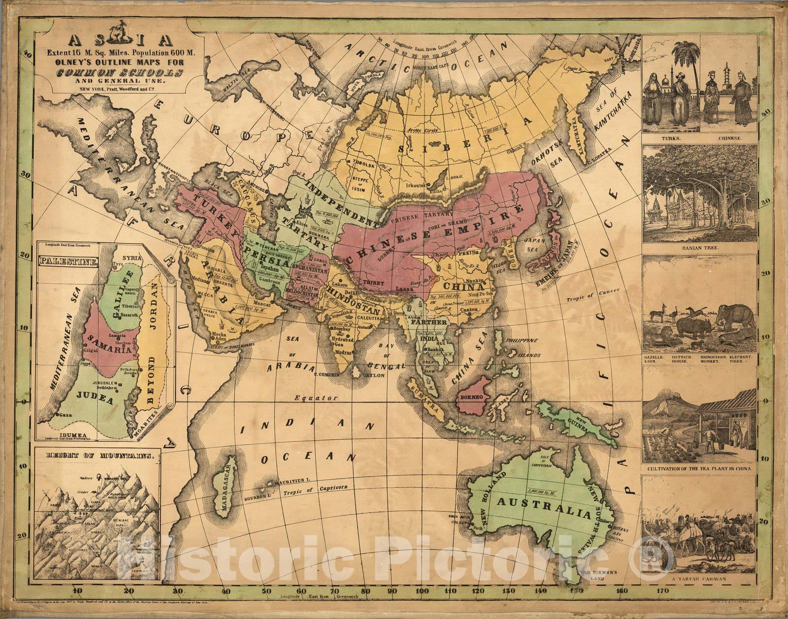 Historic Map : Asia ; Olney's Outline Maps, for Common Schools and General Use, 1847 - Vintage Wall Art