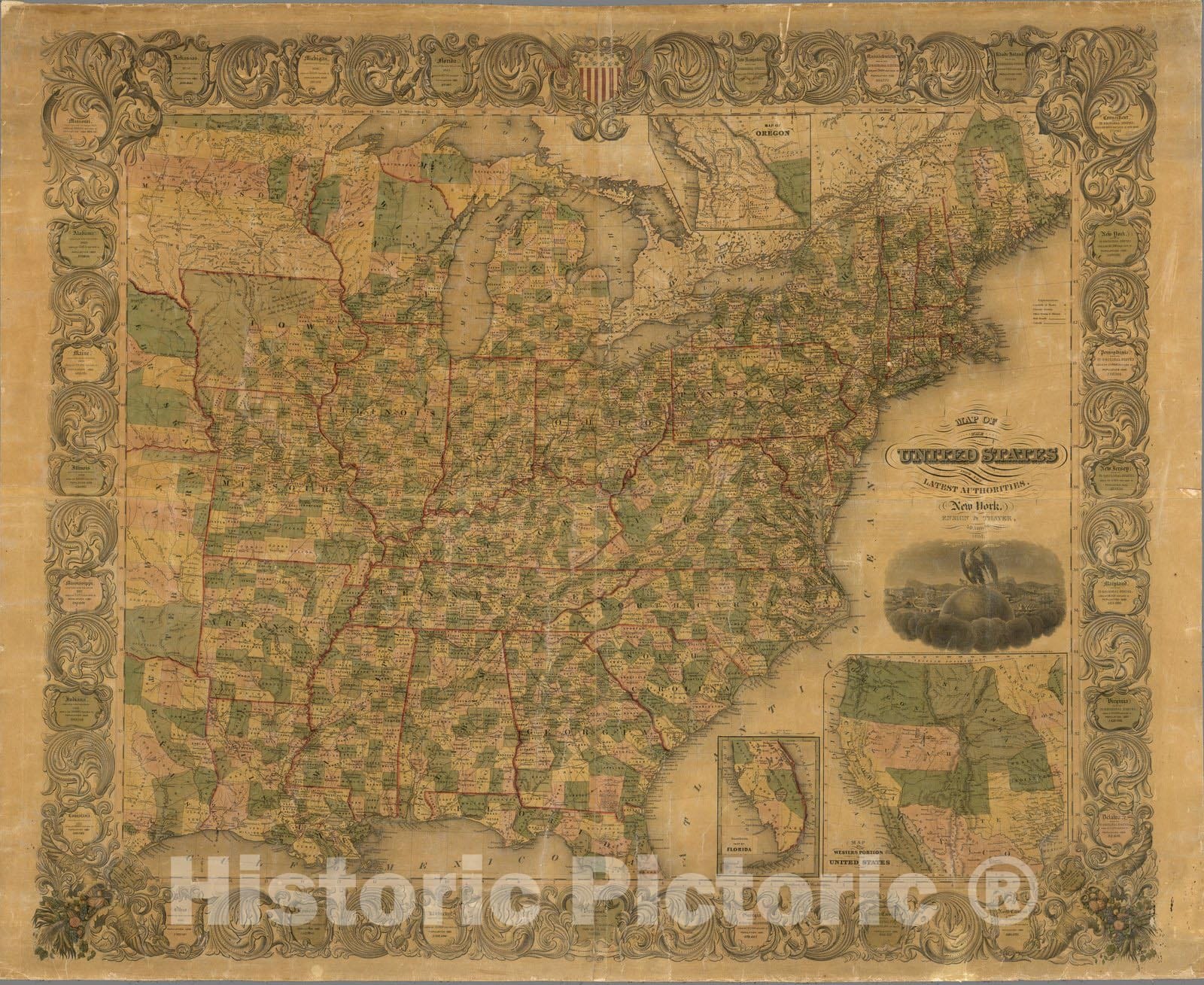 Historic Wall Map : Map of the United States, 1851 - Vintage Wall Art