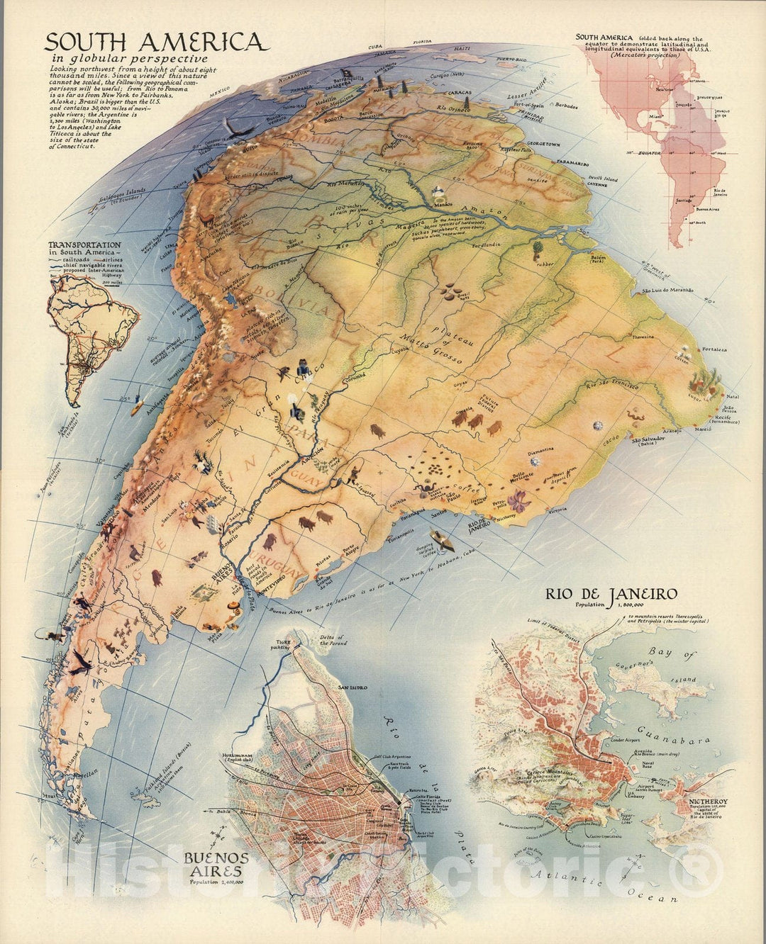 Historic Map : South America in globular perspective. 1937 - Vintage Wall Art