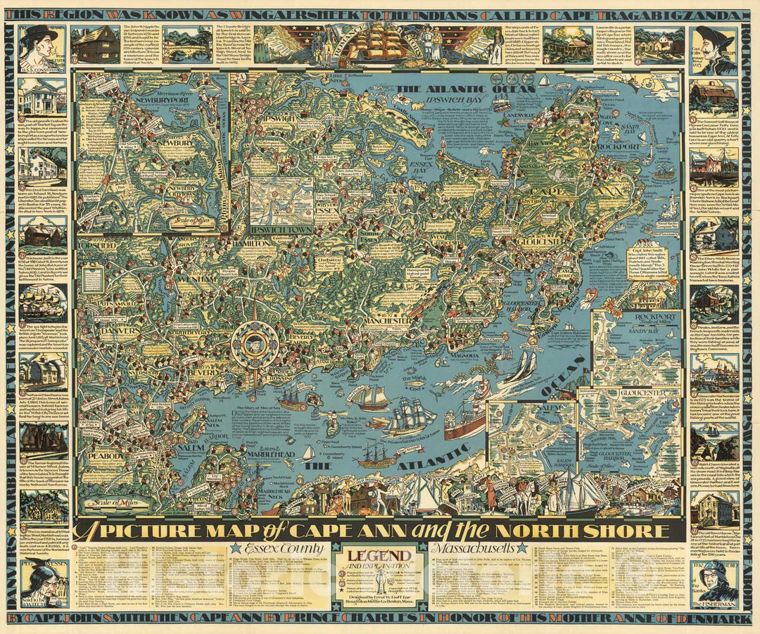 Historic Map : A Picture Map of Cape Ann and the North Shore, Essex County, Massachusetts, 1934 - Vintage Wall Art