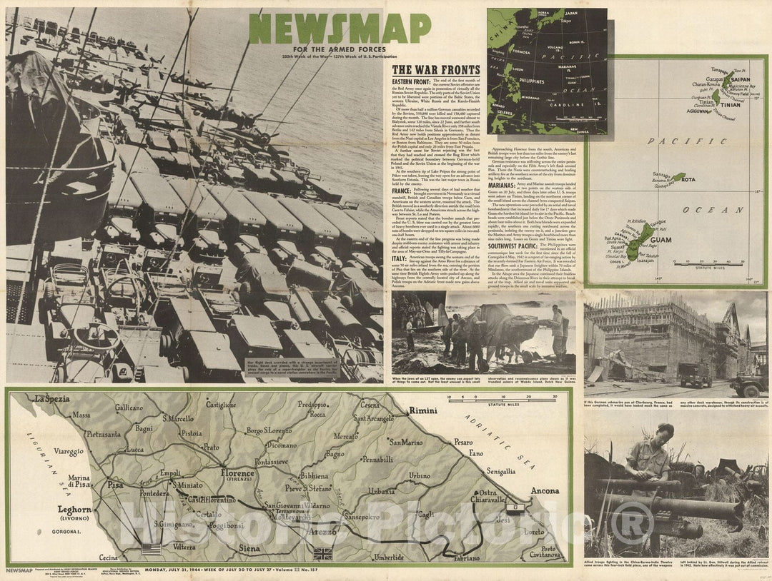 Historic Map : Vicinity of Florence, Italy. Guam, Agiguwant, Tinian and Saipan. Pacific Island Groups. 1944 - Vintage Wall Art