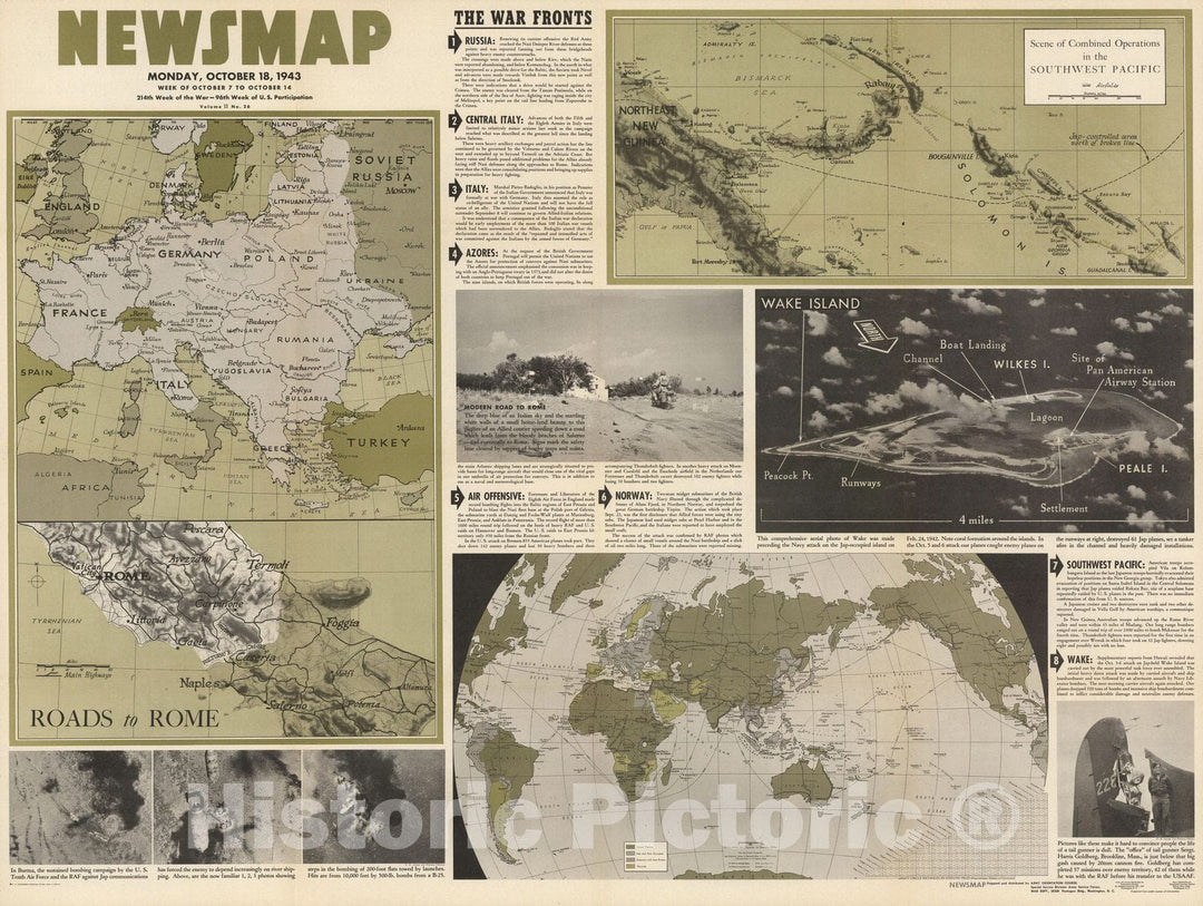 Historic Map : Newsmap. Monday, October 18, 1943. Roads to Rome. Southwest Pacific. Wake island. World. - Vintage Wall Art