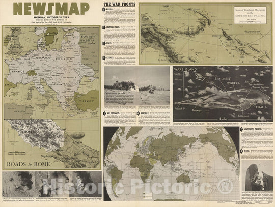 Historic Map : Newsmap. Monday, October 18, 1943. Roads to Rome. Southwest Pacific. Wake island. World. - Vintage Wall Art