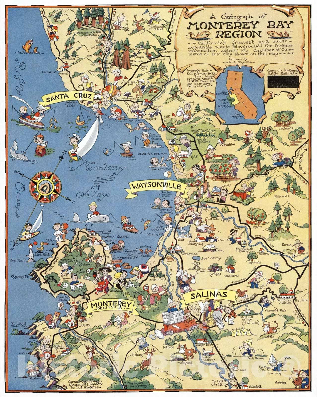 Historic Map - A Cartograph of Monterey Bay Region, Monterey Bay Region. 1932 - Vintage Wall Art