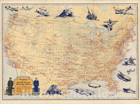 Historic Map : Rand McNally Map of United States Military Posts, 1944 - Vintage Wall Art