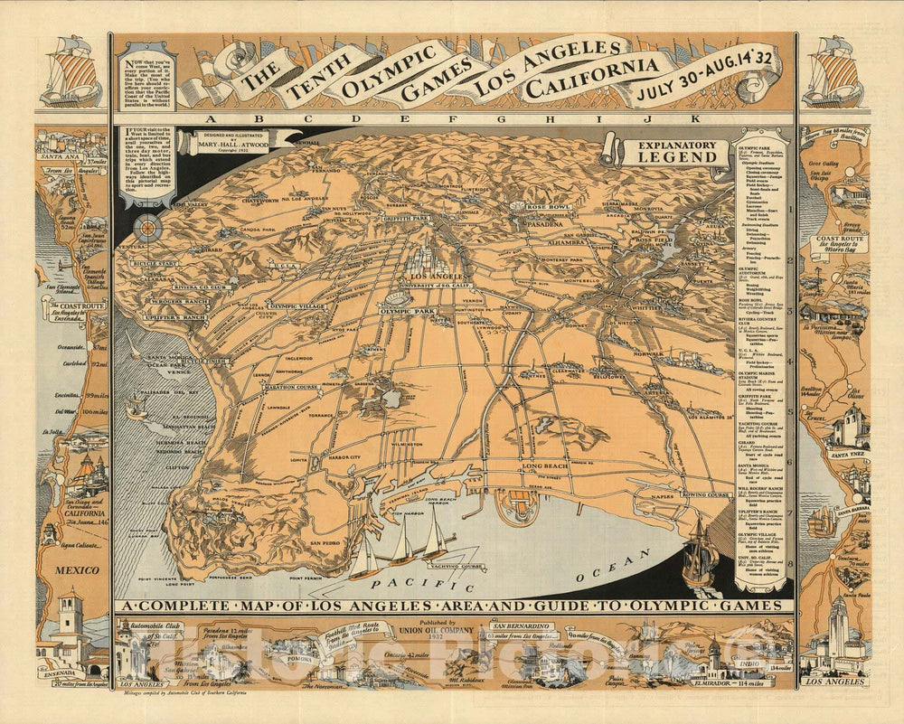 Historic Map - Tenth Olympic Games Los Angeles, California, July 30 - Aug. 14 '32. 1932 - Vintage Wall Art