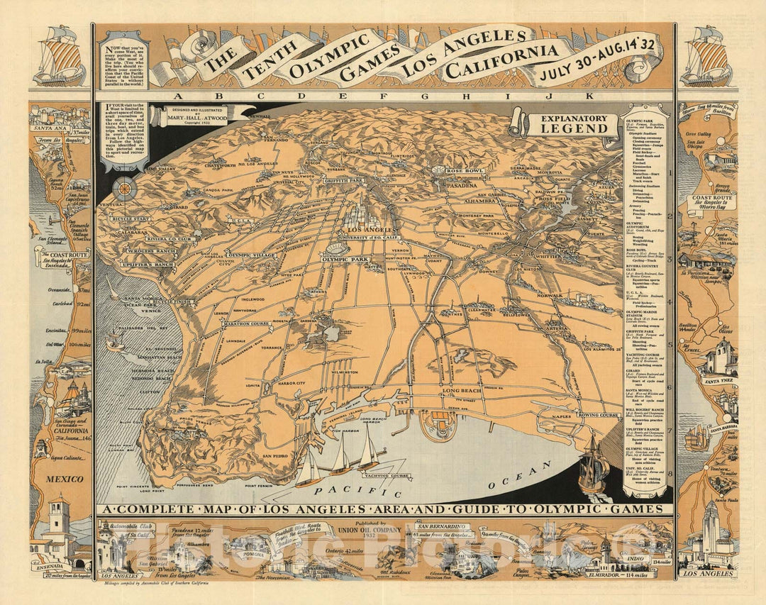 Historic Map - Tenth Olympic Games Los Angeles, California, July 30 - Aug. 14 '32. 1932 - Vintage Wall Art