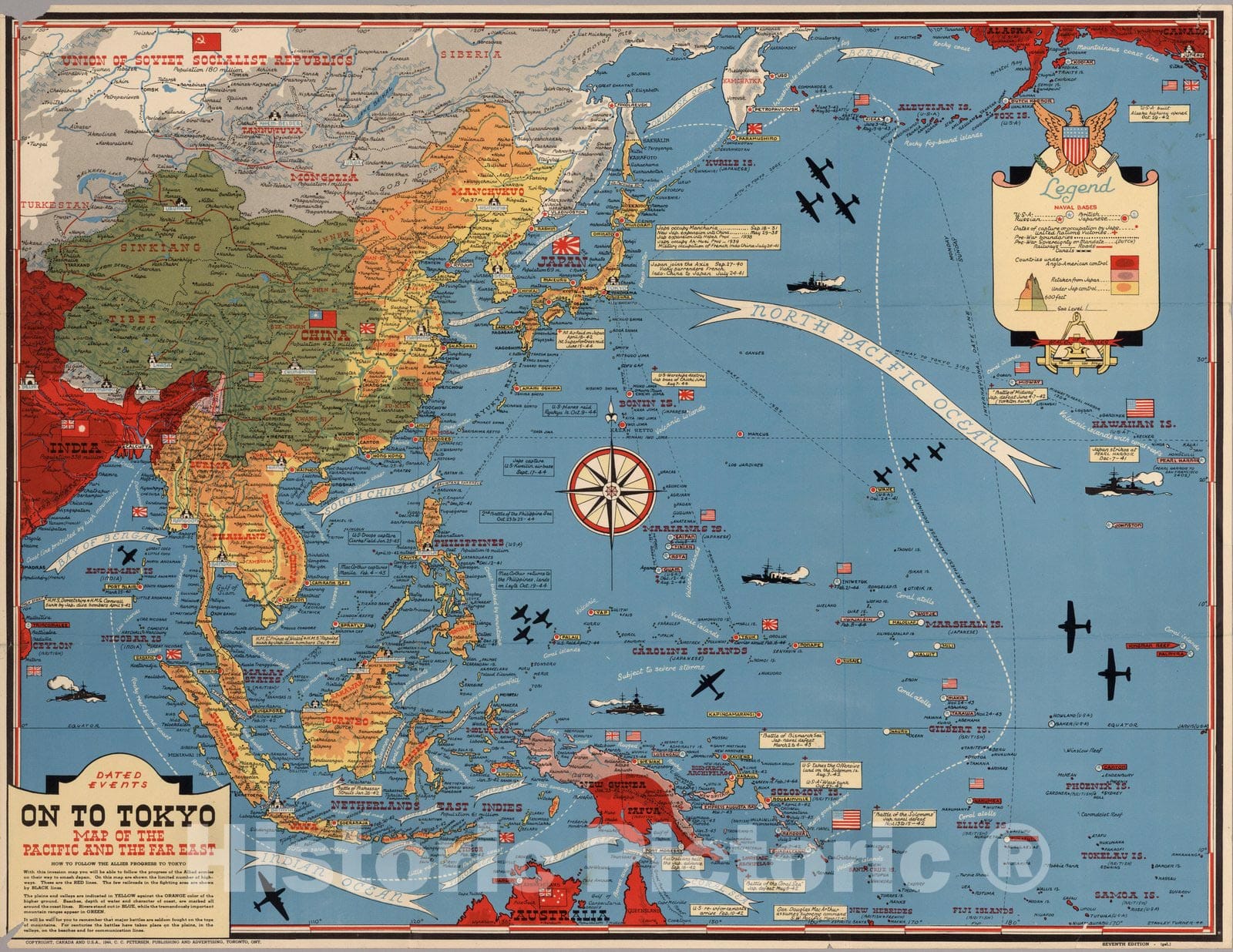 Historic Map : Dated Events. On To Tokyo. Map of the Pacific and the Far East, 1944 - Vintage Wall Art