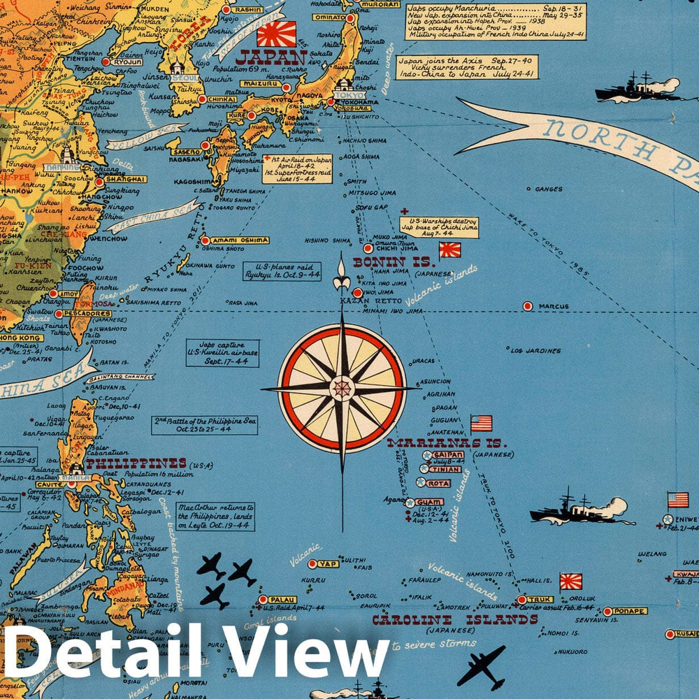 Historic Map : Dated Events. On To Tokyo. Map of the Pacific and the Far East, 1944 - Vintage Wall Art