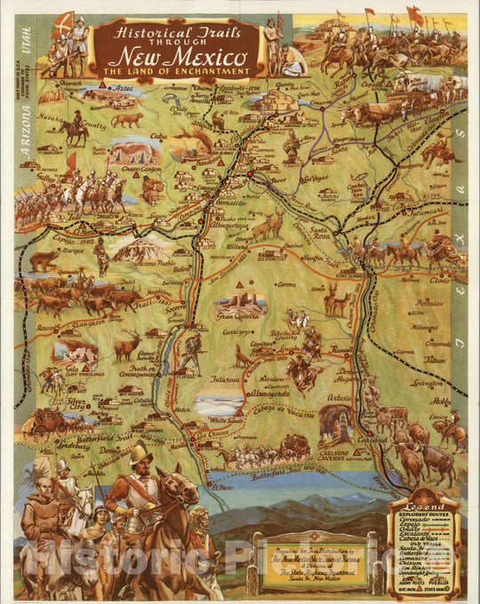 Historic Map : Historical Trails Through New Mexico, The Land of Enchantment 1951 - Vintage Wall Art