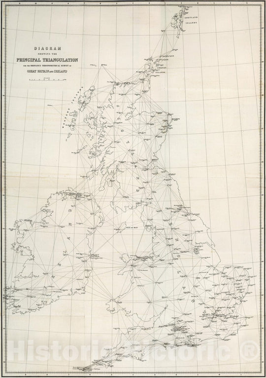 Historic Map : Survey Book, Diagram showing the principal triangulation for the Ordnance trigonometrical survey of Great Britain and Ireland. 1858 - Vintage Wall Art