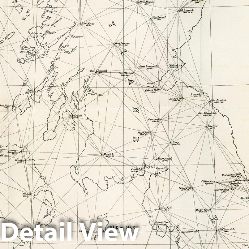 Historic Map : Survey Book, Diagram showing the principal triangulation for the Ordnance trigonometrical survey of Great Britain and Ireland. 1858 - Vintage Wall Art