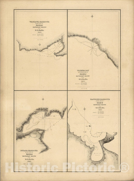 Historic Map : Hawaii, Wahiawa Harbour, Waimea Bay, Hulaia Harbour (Nawiliwili Bay), Kauai. Kaneohe Harbour, Oahu, Hawaii. 1841 , Vintage Wall Art