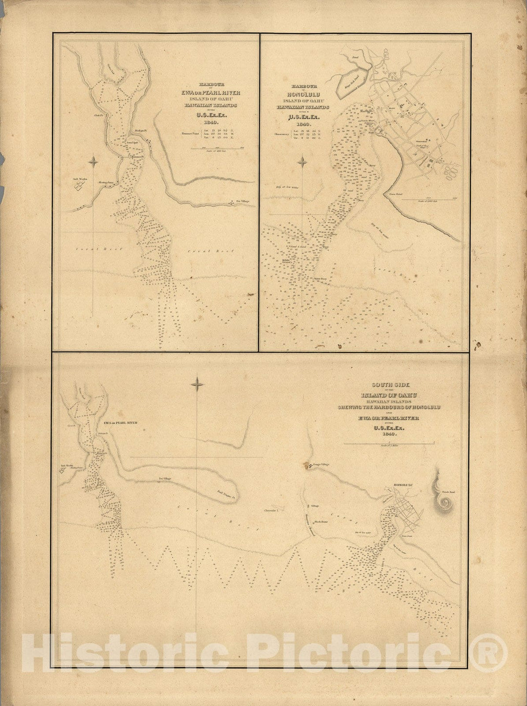 Historic Map : Harbour of Ewa or Pearl River, Harbour of Honolulu, South Side of the Island of Oahu, Hawaiian Island, Hawaii. 1841 - Vintage Wall Art