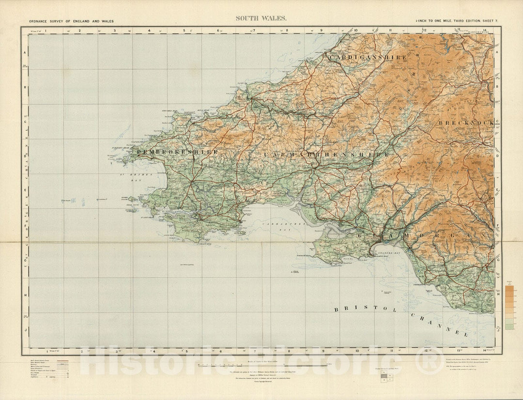 Historic Wall Map : Sheet 7. South Wales. 1920 - Vintage Wall Art