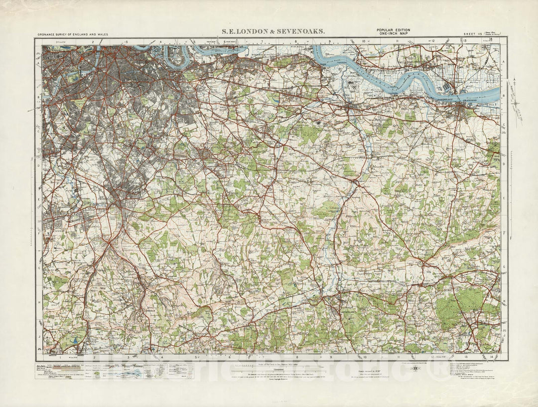 Historic Map : Sheet 115. S.E. London & Sevenoaks. 1914 - Vintage Wall Art